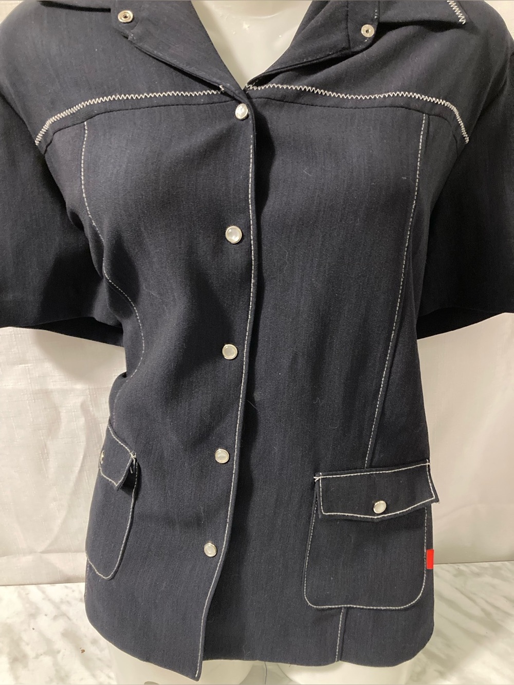 Black Contrast Stitch Snap Button Short Sleeve Utility Shirt M